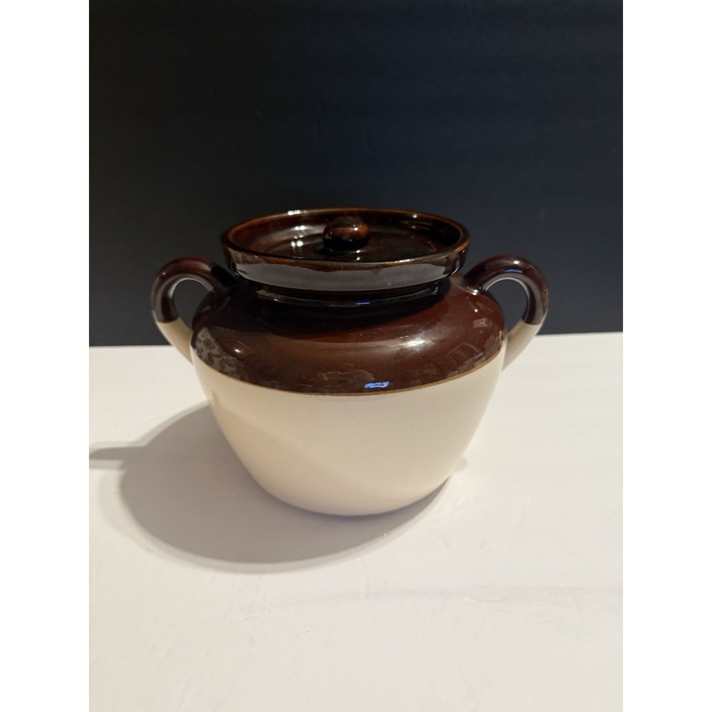 Vtg USA Stamp Stoneware Deep Brown & Dk Tan Bean Pot Pottery with Lid, 2 Handles